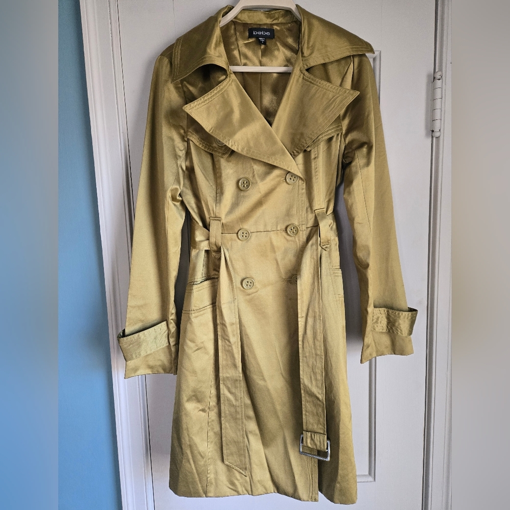 RARE Vintage Y2K bebe Olive Green-Gold Metallic Statement Trench Coat Sz S